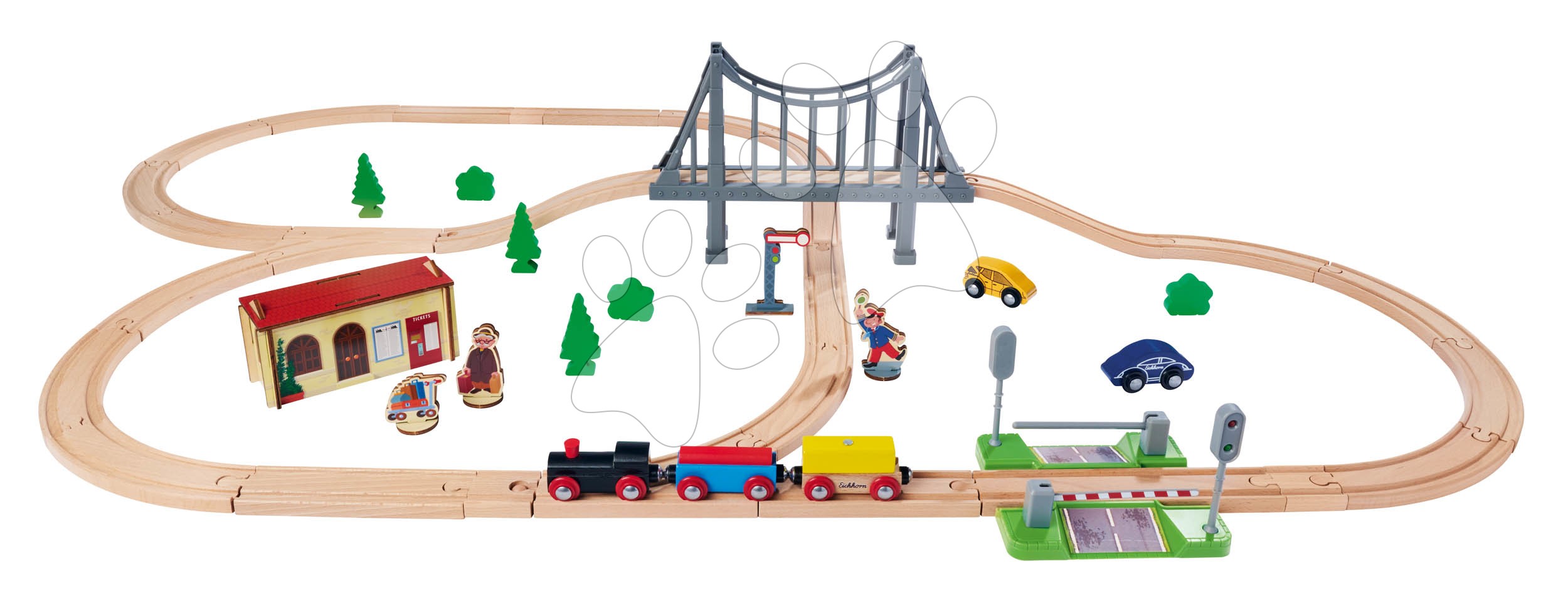 Fa vasúti sínpálya Train Set with Bridge Eichhorn mozdonnyal vagonnal híddal és kiegészítőkkel 55 darabos 500 cm hosszú sínpálya