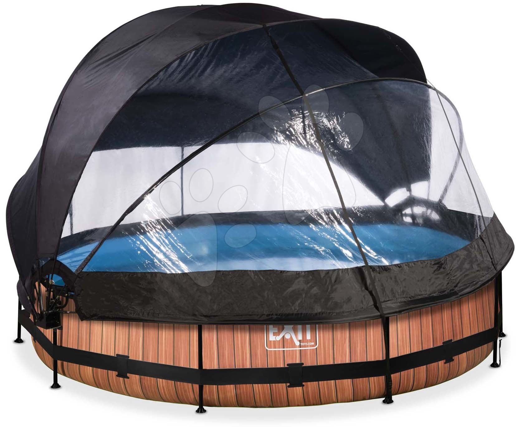 Medence napellenzővel búrával és szűrővel Wood pool Exit Toys kerek acél medencekeret 360*76 cm barna 6 évtől