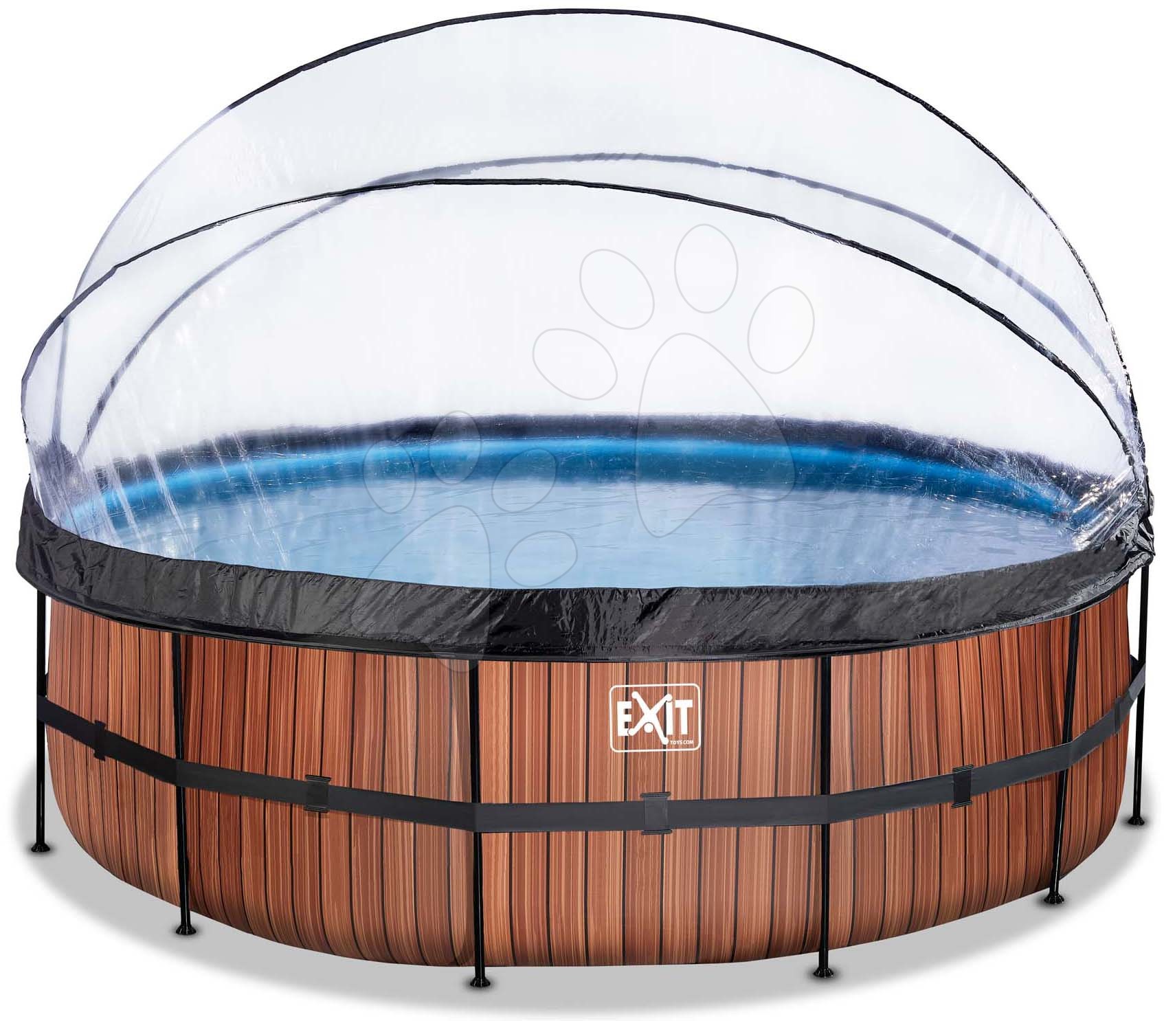 Medence búrával és homokszűrős vízforgatóval Wood pool Exit Toys kerek acél medencekeret 450*122 cm barna 6 évtől