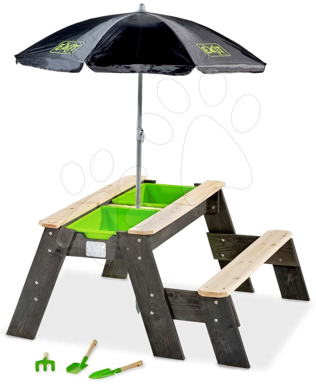 Homokozó asztal homokra és vízre cédrusból Aksent sand&water table Exit Toys piknik paddal napernyővel fedéllel és kiegészitőkkel