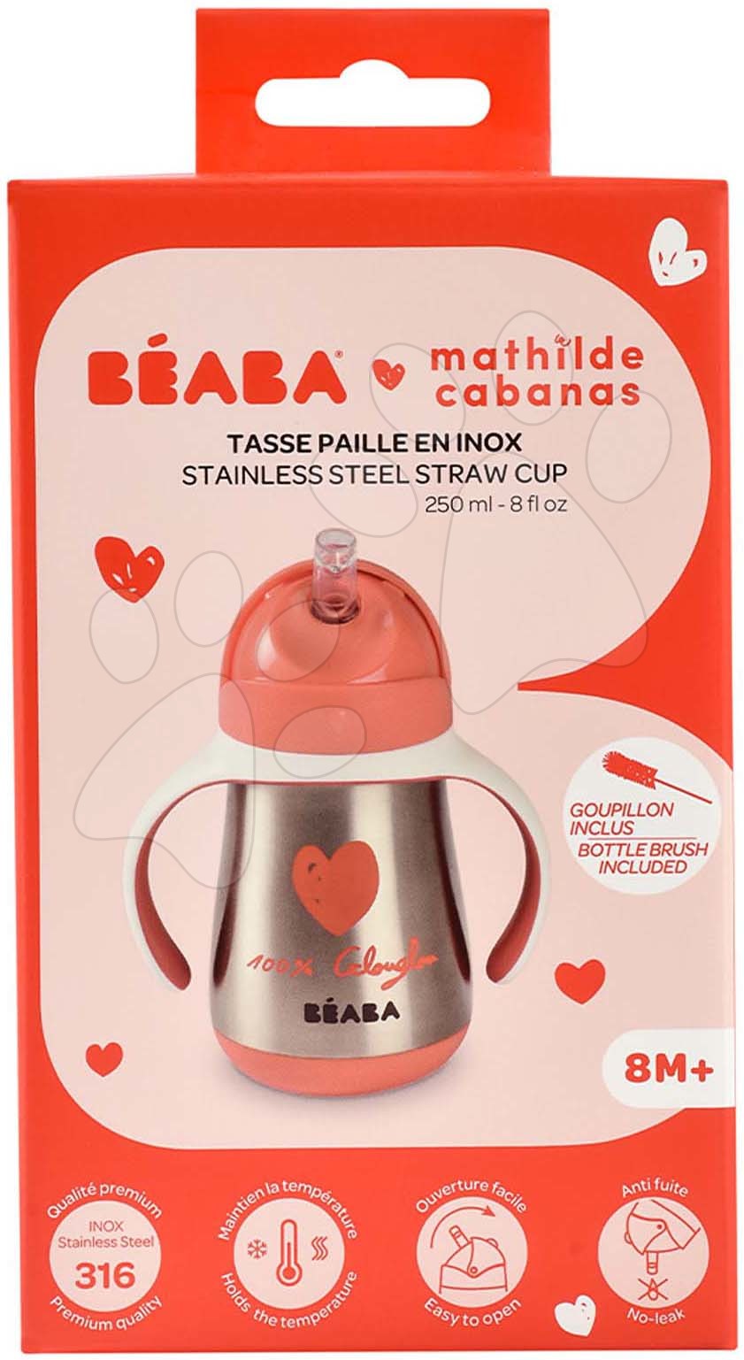 Ivó palack bidon duplafalú Stainless Steel Straw Cup Beaba Mathilde Cabanas 250ml piros rozsdamentes acélból 8 hó-tól BE913523
