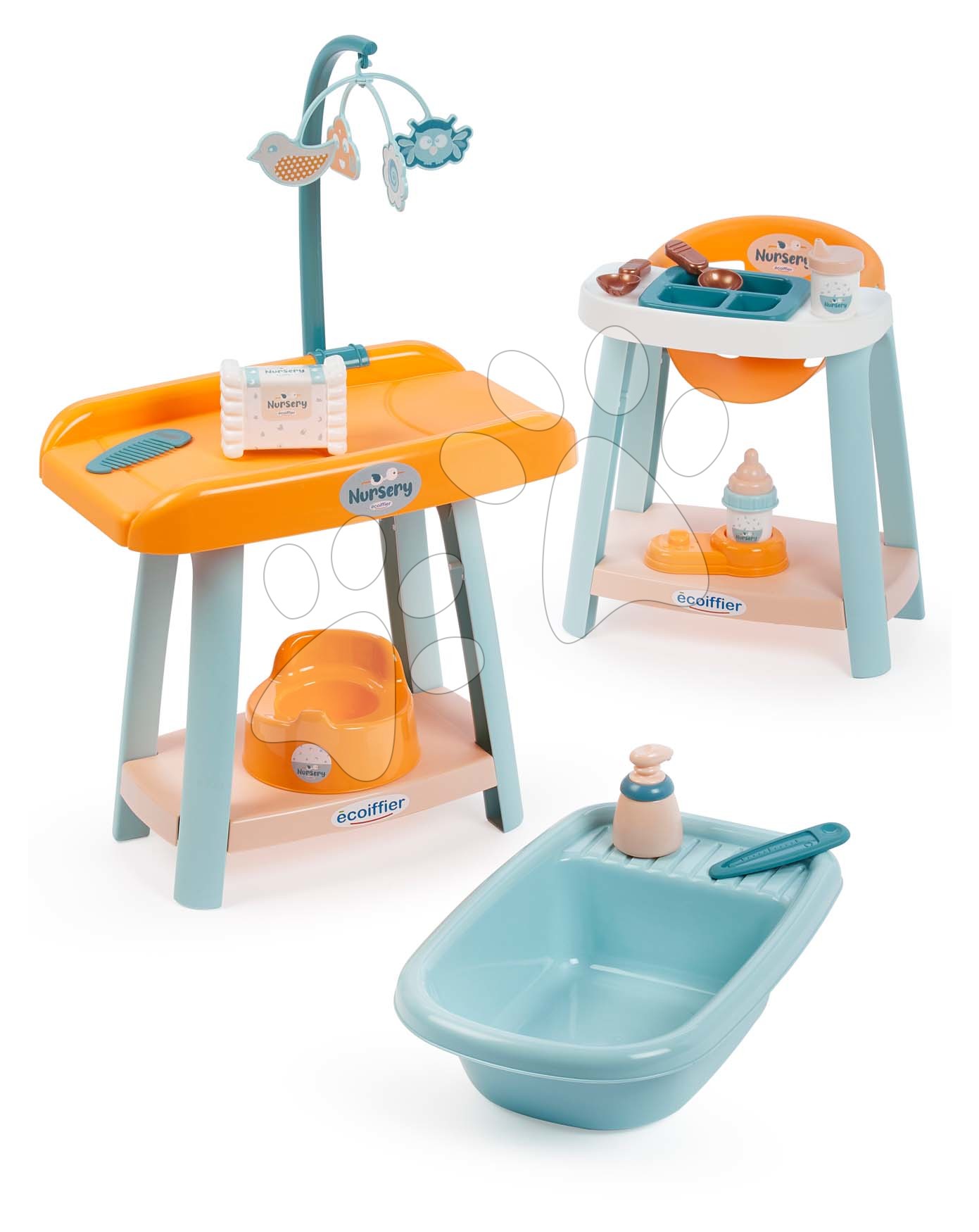 Babagondozó szett játékbabának Nursery 3in1 Écoiffier pelenkázó asztal etetőszék és kiskád bilivel 18 hó-tól