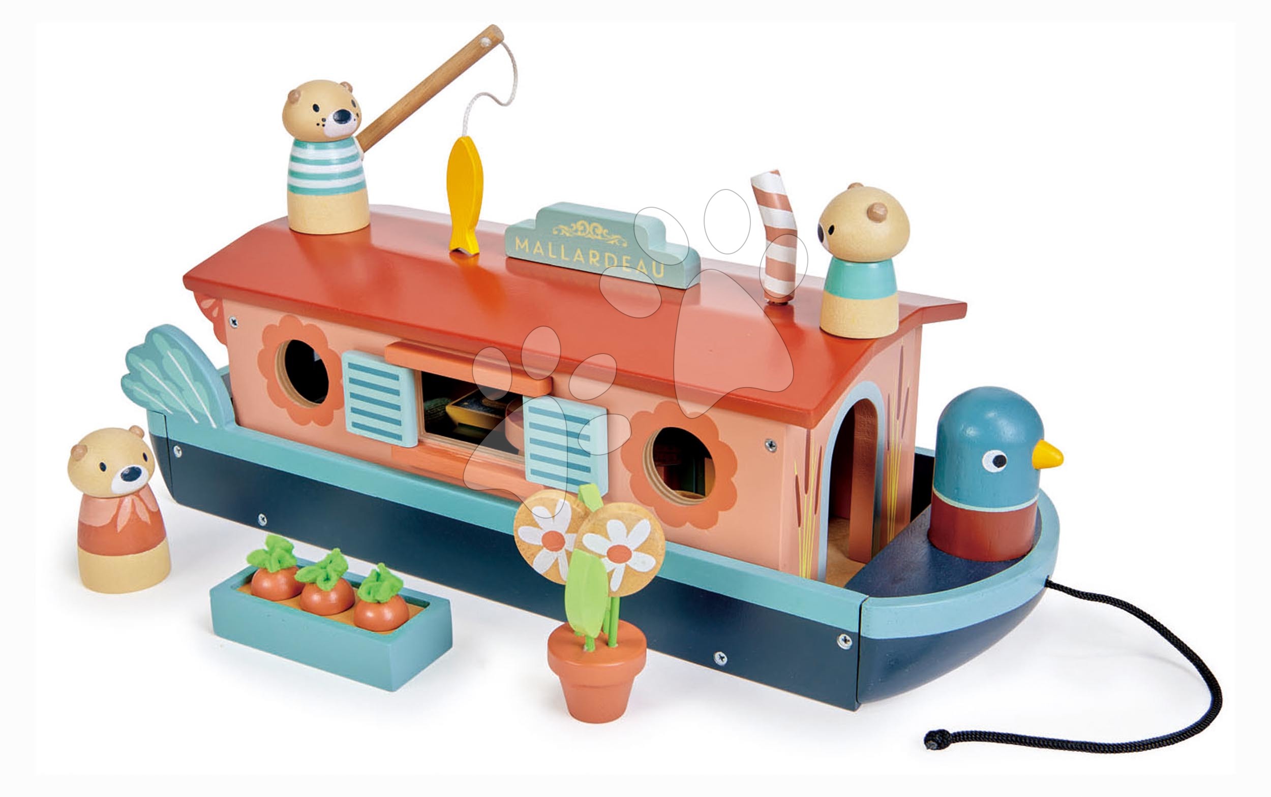 Fa hajó Little Otter Canal Boat Tender Leaf Toys 3 vidra figurával és 14 kiegészítővel